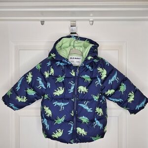 Old Navy Baby Boy Dino Print Puffer Jacket 6-12M Navy Blue Hooded Coat Cozy